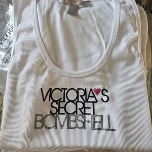 Victoria's Secret White Ribbed Tank with Logo and Pink Heart